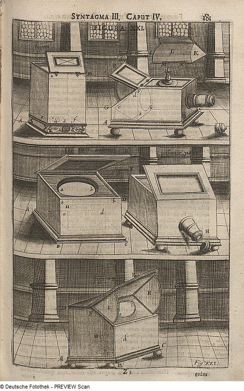 Altes Buch mit einer Zeichnung eines Stereoskops auf dem Cover, mit Text und Zahlen auf der Seite.