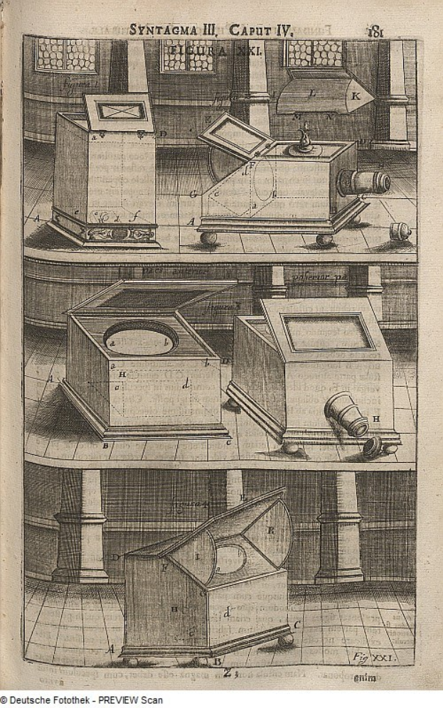 Altes Buch mit einer Zeichnung eines Stereoskops auf dem Cover, mit Text und Zahlen auf der Seite.