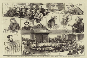 Eine Schwarz-Weiß-Zeichnung einer Gerichtsszene mit einer Gruppe von Menschen, einer Person in der Mitte mit einem Buch und einem Zug im Hintergrund, mit Text unten: "The Brighton Railway Tragedy - Notes in Court During the Trial of Percy Leffroy Mapleton".