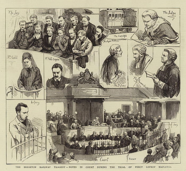 Eine Schwarz-Weiß-Zeichnung einer Gerichtsszene mit einer Gruppe von Menschen, einer Person in der Mitte mit einem Buch und einem Zug im Hintergrund, mit Text unten: "The Brighton Railway Tragedy - Notes in Court During the Trial of Percy Leffroy Mapleton".