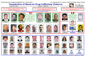 Ein Plakat mit einem hellblauen Hintergrund, das Bilder verschiedener Personen und den fetten Text "Täter der mexikanischen Drogenhandel Gewalt" in der Mitte zeigt.