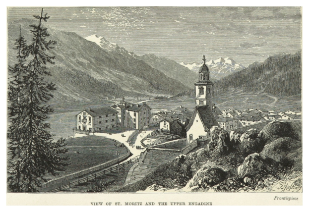 Ansicht von St. Moritz und dem Oberengadin mit Gebäuden, Bäumen und Bergen im Hintergrund, einschließlich Text unten.