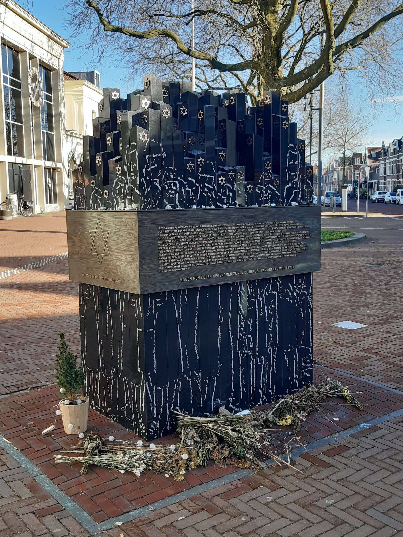 Denkmal in einem Stadtplatz für Holocaust-Opfer, mit einem Baum davor, einer Topfpflanze auf dem Boden, verstreuten trockenen Blättern und Gebäuden, Fahrzeugen, Masten und Bäumen im Hintergrund.