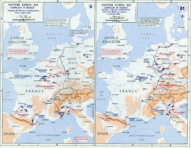 Eine historische Karte von Europa während der Schlacht von Leipzig, aufgeteilt in Regionen mit Text und Zahlen, die das Ausmaß des Konflikts angeben, mit einem separaten Abschnitt für Frankreich.