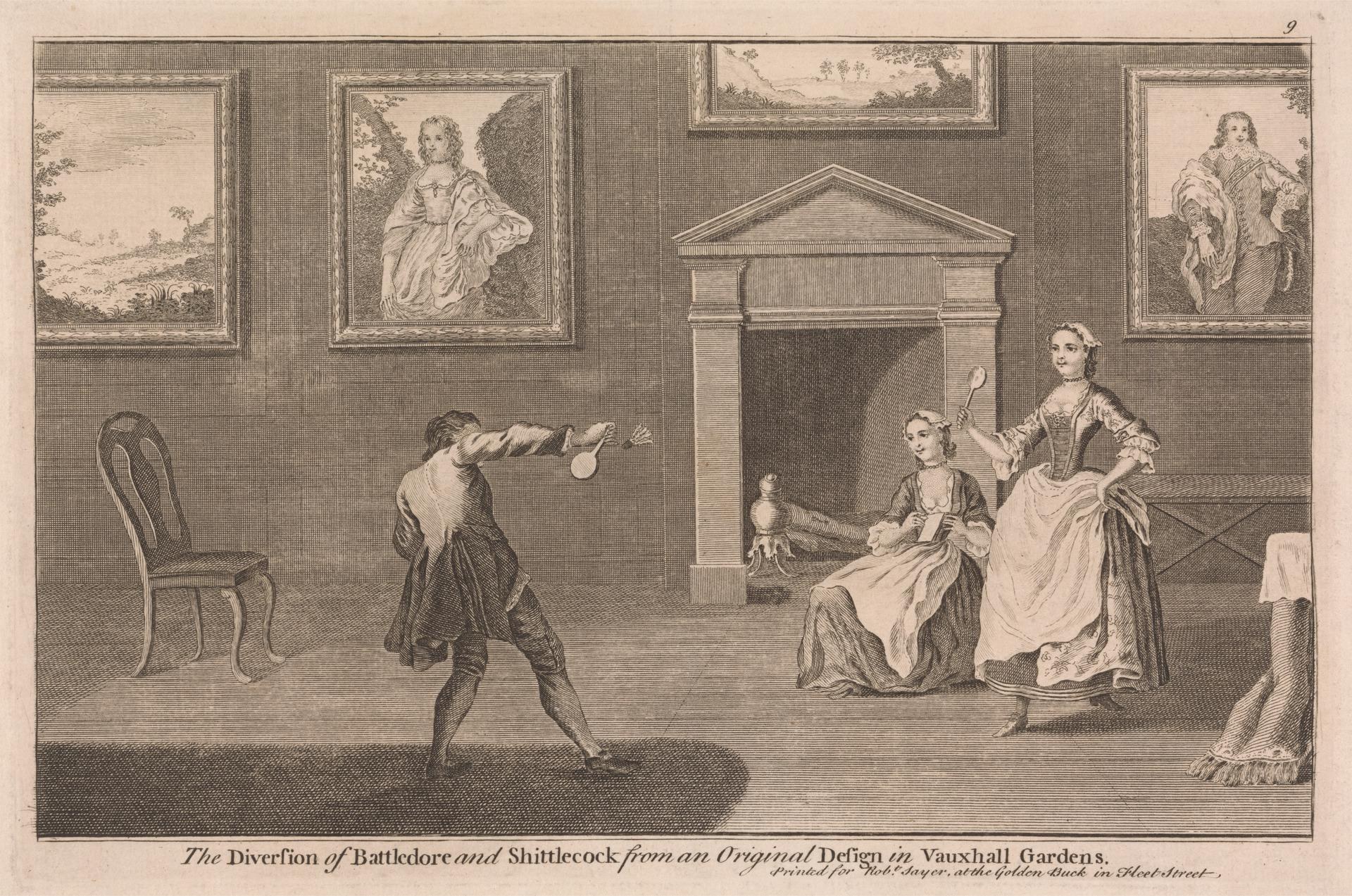 Zwei Personen spielen Tischtennis in einem Raum mit Kamin, Stühlen und gerahmten Fotos, mit Text am unteren Rand, der auf "Die Abspaltung von Battledore und Shuttlecock von einem Originaldesign in Vauxhall Gardens" verweist.