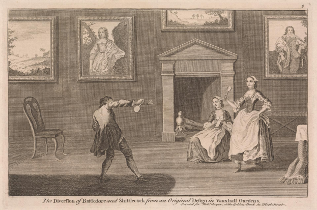 Zwei Personen spielen Tischtennis in einem Raum mit Kamin, Stühlen und gerahmten Fotos, mit Text am unteren Rand, der auf "Die Abspaltung von Battledore und Shuttlecock von einem Originaldesign in Vauxhall Gardens" verweist.