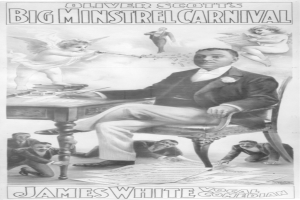 Ein Plakat für das Große Minstrel-Karneval von Oliver Scott, das einen Mann in der Mitte umgeben von einer Gruppe von Menschen zeigt, mit verschiedenen Gegenständen auf einem Tisch davor und Text und Zahlen oben und unten.