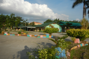 Ein Resort mit zahlreichen Palmen im Vordergrund, umgeben von Häusern, Pflanzen, Gras und einer Straße, mit einem Himmel voller weißer, flauschiger Wolken im Hintergrund.