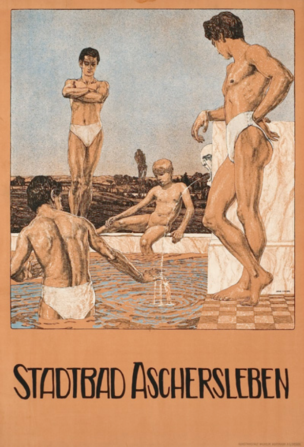 Eine Gruppe von Menschen, die im Wasser steht und eine Person, die im Schwimmbad sitzt, mit Text, der Informationen über das Schwimmbad und seine Annehmlichkeiten in Aschersleben, Deutschland, bereitstellt.