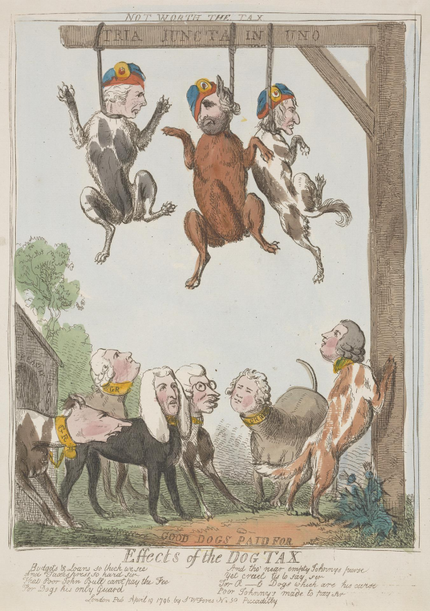 Ein Blatt mit einer Zeichnung einer Gruppe von Menschen und Tieren, darunter ein Hund, der an einem hölzernen Pfahl hängt, und einigen Schriften, die wahrscheinlich die Auswirkungen der Hundesteuer beschreiben.