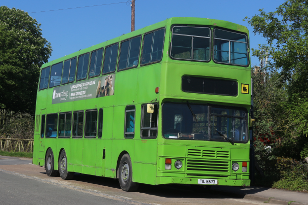 Ein grüner Doppeldeckerbus fährt eine von Bäumen gesäumte Straße mit einer Stromleitung und Drähten im Hintergrund unter einem klaren blauen Himmel.