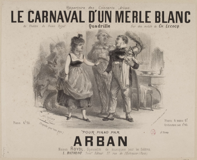 Ein Blatt mit einer Zeichnung eines Mannes und einer Frau in traditioneller Kleidung vor einem festlichen Karneval, mit der Aufschrift "le carnaval d'un merle blanc."