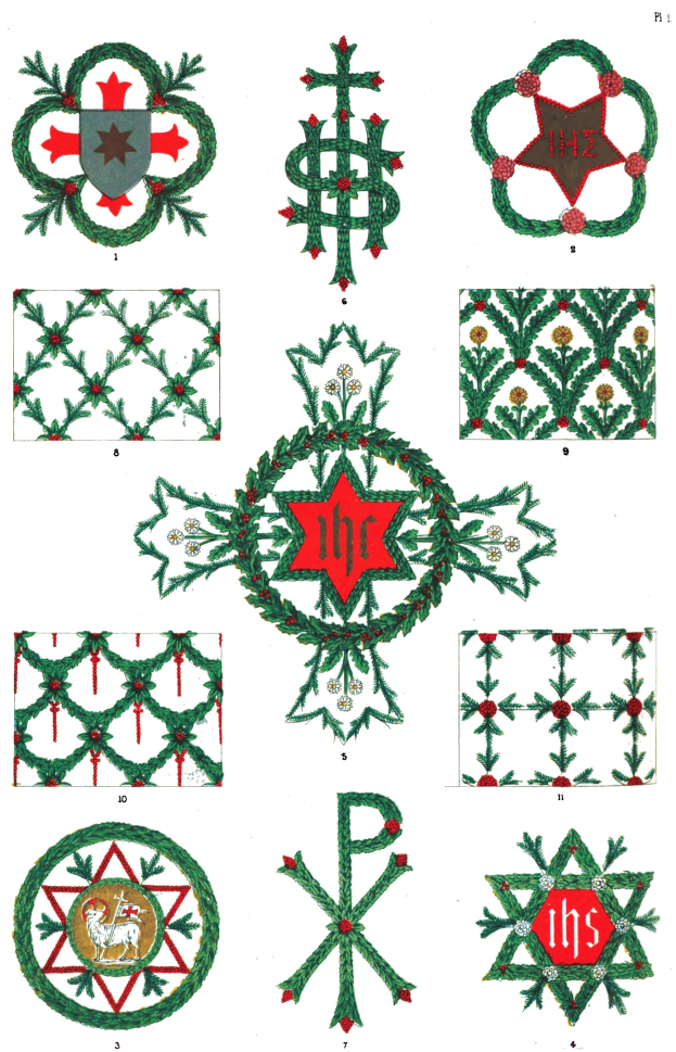 Ein Buchseite mit verschiedenen kunstvoll gestalteten Weihnachtsgestecken mit einzigartigen Mustern und festlicher Schrift in einer Weihnachtsschrift.