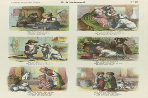 Ein Buchseite mit Kindern in bunter Kleidung, verschiedenen Hunderassen und Kursivtext innerhalb eines verzierten Rahmens.