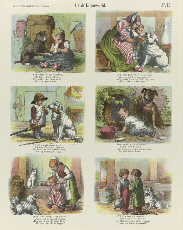 Ein Buchseite mit Kindern in bunter Kleidung, verschiedenen Hunderassen und Kursivtext innerhalb eines verzierten Rahmens.