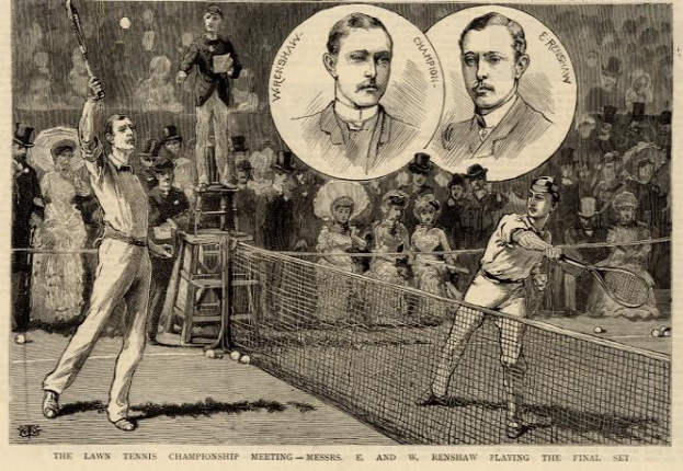 Schwarz-weiß-Zeichnung von zwei Männern, die auf einem Platz mit Netz und Zuschauern im Hintergrund Tennis spielen, mit der Beschriftung "The Lawn Tennis Championship Meeting - Messers, E and W Renshaw Playing the Final Set" unten.