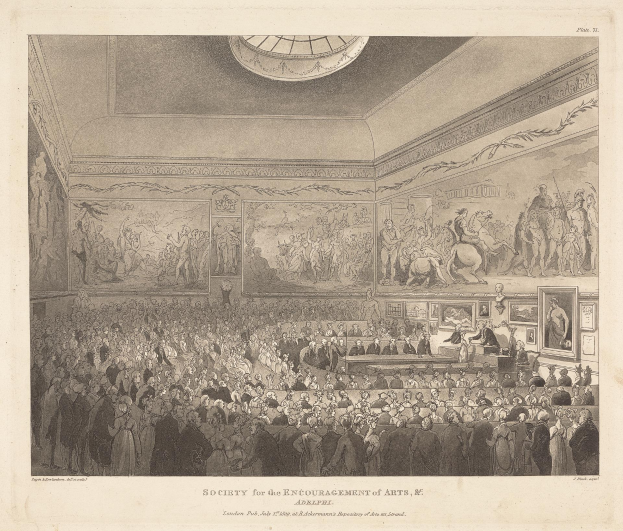 Eine Gravur eines großen Raums voller Menschen, einige stehen, einige sitzen, mit Rahmen an den Wänden und einer Decke darüber, mit dem Text "Gesellschaft zur Förderung der Künste" unten.