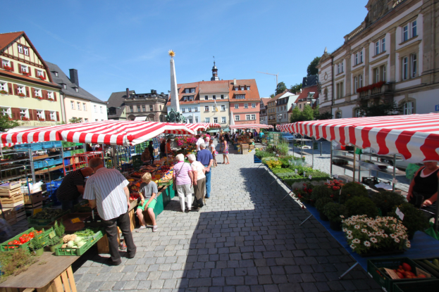 Ein belebter Markt im Heidelberger Altstadt mit Menschen, die gehen, sitzen und stehen, sowie Zelten, Tischen mit Körben voller Gemüse und Gebäuden mit Fenstern im Hintergrund unter einem klaren blauen Himmel.