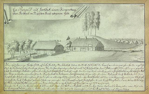 Ein altes Dokument mit einer Zeichnung eines Hofes in einem Feld, umgeben von Häusern, Bäumen und einem Himmel, mit der Beschriftung "Surgensburg, Deutschland - Landschaft eines Hofes."