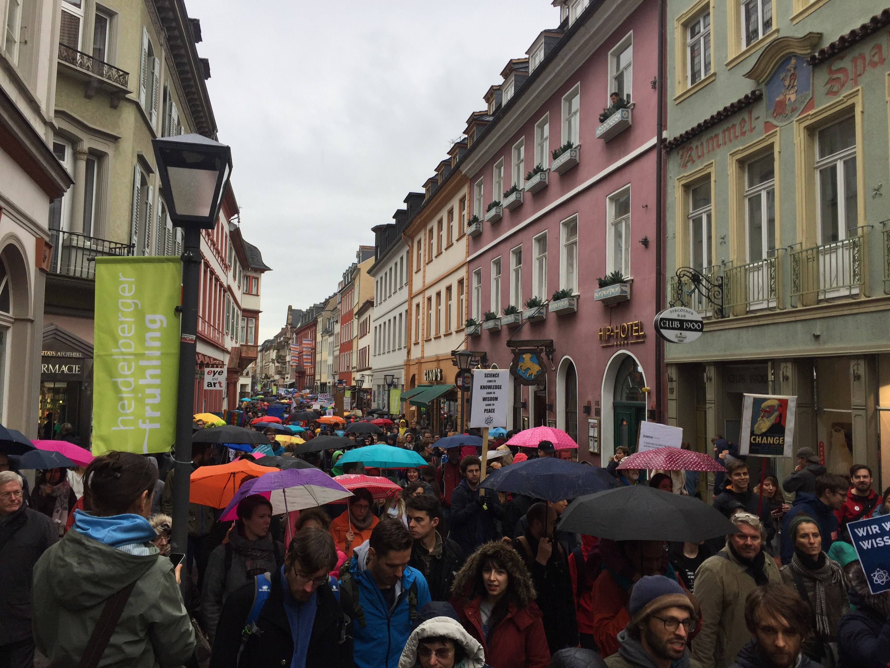 Eine große Gruppe von Menschen geht mit Schirmen die Straße entlang, einige tragen Taschen und halten Schilder, während sie an einer Klimademonstration in Deutschland teilnehmen.