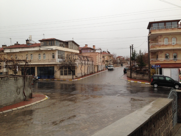 Eine Stadtansicht mit Kraftfahrzeugen auf Stra├čen, Geb├Ąuden, B├Ąumen, elektrischen Masten mit Kabeln, Gel├Ąndern und Himmel.