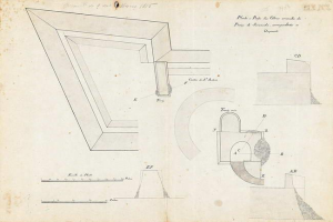 Eine Seite aus einem Buch mit einem detaillierten architektonischen Plan einer Opern-Ecke mit einem Loch von 1845, begleitet von Text und Zeichnungen.
