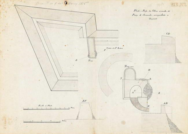 Eine Seite aus einem Buch mit einem detaillierten architektonischen Plan einer Opern-Ecke mit einem Loch von 1845, begleitet von Text und Zeichnungen.