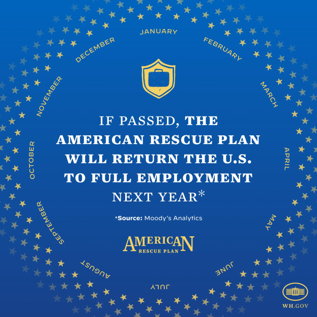 Ein blaues Plakat mit Text und Logo, auf dem steht: "Wenn verabschiedet, wird das American Rescue Plan die USA im nächsten Jahr wieder zur Vollbeschäftigung führen."