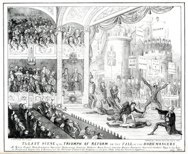 Eine Schwarz-Weiß-Zeichnung einer chaotischen TheaterSzene mit einer Menge von Menschen, einige stehen, einige liegen auf dem Boden und einige sitzen links. Rechts hält jemand ein Schild mit der Aufschrift "Die letzte Szene des Triumphs der Reform oder der Fall der Boro Mongers."