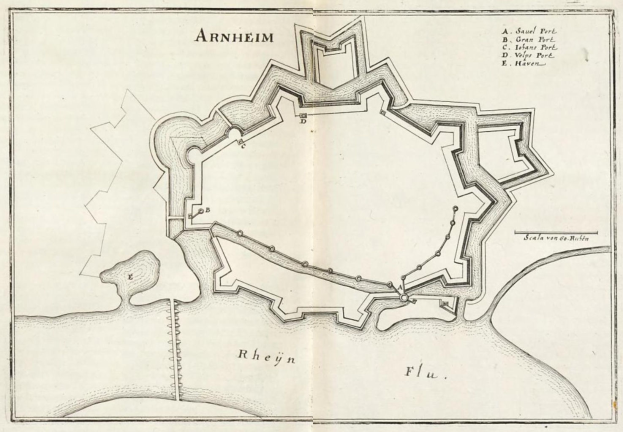 Ein detaillierter Stadtplan von Arnheim auf Papier, der Straßen, Gebäude und Sehenswürdigkeiten mit Textbeschriftungen zeigt.