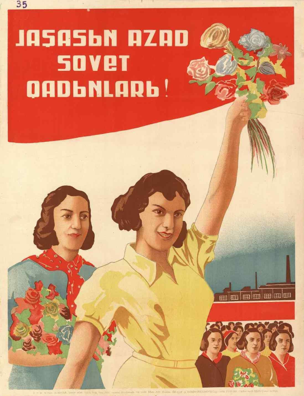 Sowjetisches Propagandaplakat zum Frauentag mit einer Frau, die Blumen hält, einer Gruppe von Menschen und einem Gebäude im Hintergrund mit der Aufschrift "Frauentag."