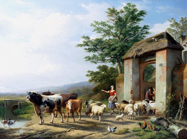 Ein Gemälde, das eine Farmszene mit Kühen, Schafen, Menschen, Hennen, Holzscheiten, Pflanzen, Bäumen, einem strohgedeckten Haus, einer Brücke, Wasser, Hügeln und einem bewölkten Himmel zeigt.