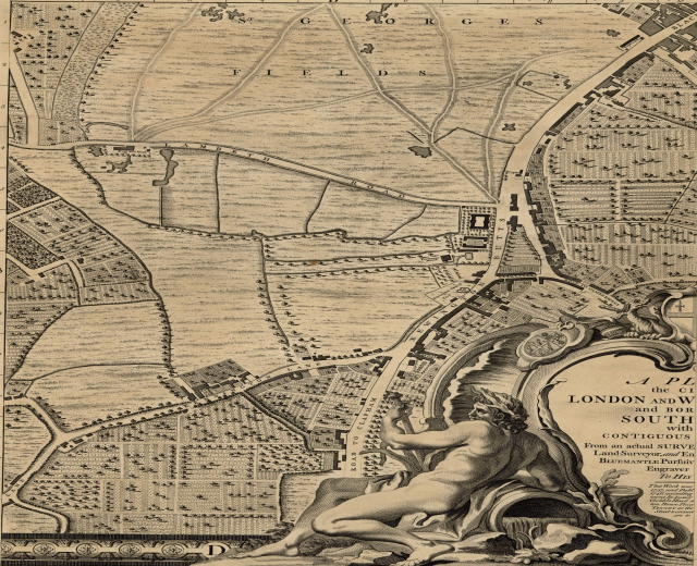 Ein detailliertes London- und Umgebungs-Kartenposter mit einer zentralen Skulptur einer Person.