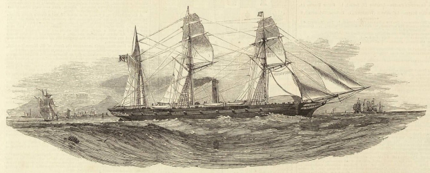 Gravur eines Segelschiffs mit geblähten Segeln und einem glänzenden Rumpf, das auf dem Meer segelt, mit anderen Schiffen im Hintergrund und Text unten.