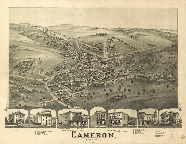 Ein altes Stadtplan von Cameron, West Virginia, mit Gebäuden, Bäumen und Hügeln, mit Text unten.