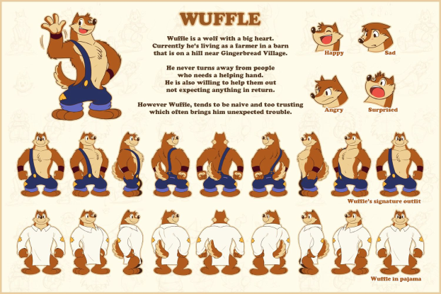 Ein Plakat mit einer Cartoon-Figur namens Wuffle aus einer Videospielreihe, mit der Aufschrift "Wuffle Character Sheet" darüber, vor einem hellblauen Himmel mit weißen Wolken.