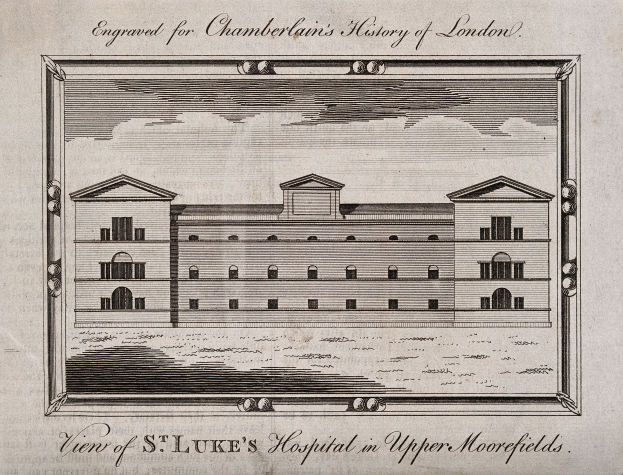 Eine Zeichnung des St. Luke's Hospitals in Upper Moorefields, umgeben von einem Bilderrahmen, mit Text und Zahlen auf dem Papier.
