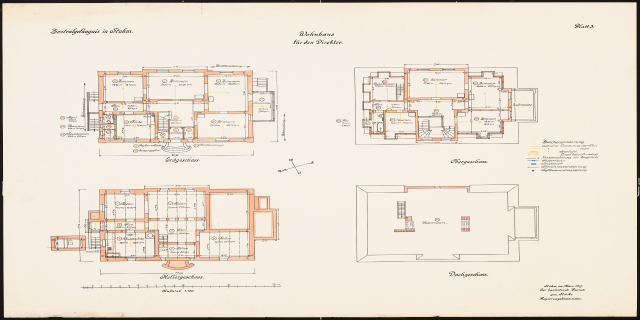 Ein Schwarz-Weiß-Plan des Schlosshofs in Stuttgart, Deutschland, mit zahlreichen Räumen und detaillierten Plänen und Texten.