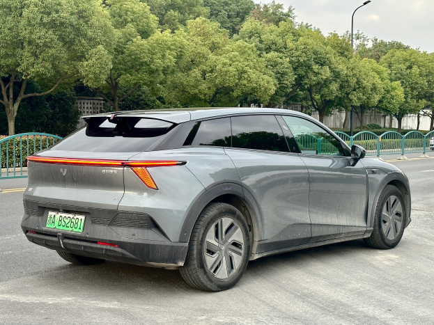 Ein graues Tesla Model X steht auf der Seite einer Straße in China, mit Geländern, Laternenpfählen, Bäumen, Gebäuden und einem klaren blauen Himmel im Hintergrund.
