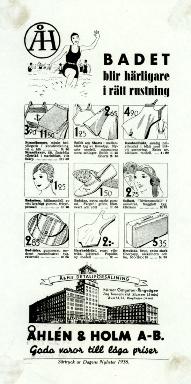 Eine Frau mit Pferdeschwanz in einem weißen Badeanzug mit blauen und weißen Streifen schaut direkt in die Kamera, umgeben von Bildern von Menschen, modernen Gebäuden und fetter Schrift.