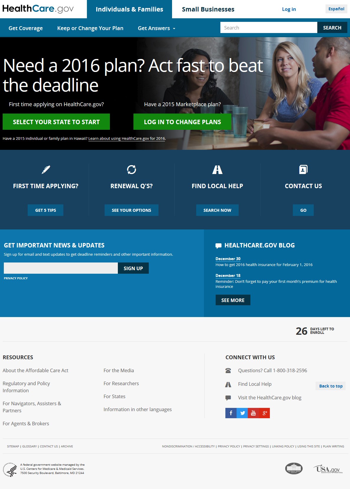 Health Care Gov Website-Seite zeigt eine Gruppe von Menschen, die um einen Tisch sitzen, mit Gläsern und anderen Gegenständen, mit dem Website-Titel und Informationen.
