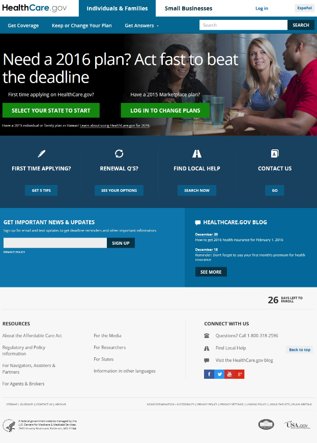 Health Care Gov Website-Seite zeigt eine Gruppe von Menschen, die um einen Tisch sitzen, mit Gläsern und anderen Gegenständen, mit dem Website-Titel und Informationen.