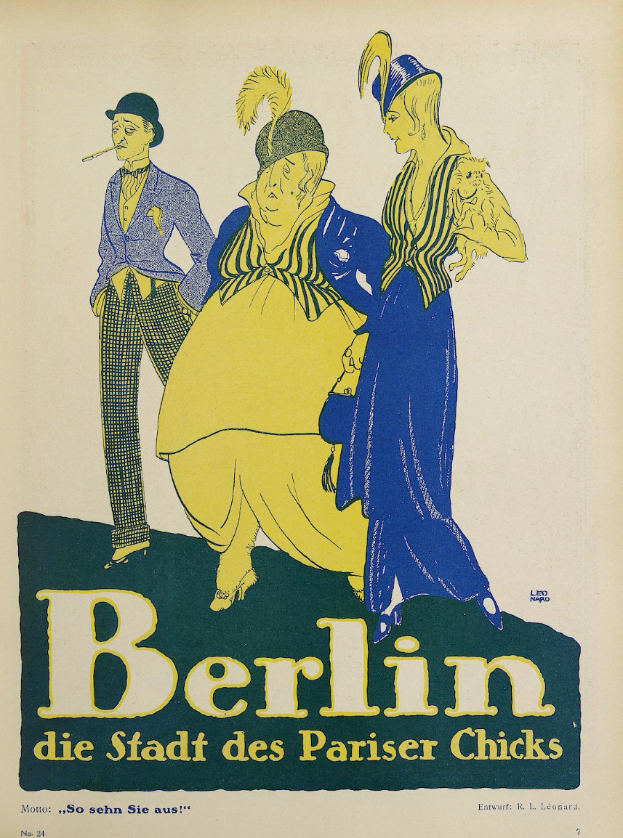 Ein Plakat, das ein Konzert in Berlin, Deutschland, ankündigt, auf dem eine Gruppe farblich gekleideter Menschen vor einem Gebäude mit der Aufschrift 'Berlin - Die Stadt des Pariser Chicks' steht.