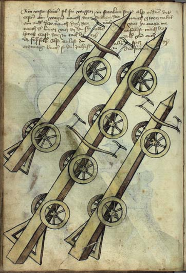 Ein offenes Buch aus dem 15. Jahrhundert, das eine Zeichnung einer Kanone und begleitenden Text zeigt.