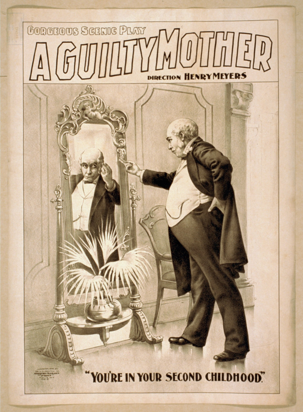 Ein Plakat, das einen Mann vor einem Spiegel mit einem Stuhl und einer Pflanze im Hintergrund zeigt und den Text "Eine schuldige Mutter - Du bist in deiner zweiten Kindheit" trägt.