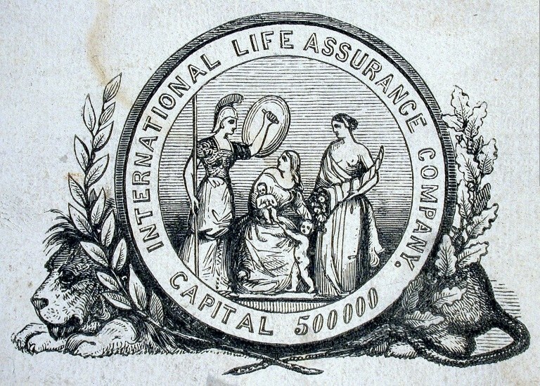 Schwarze und weiße Zeichnung des International Life Assurance Company-Logos mit Menschen, die Gegenstände halten, umgeben von Blättern und Text auf Papier.