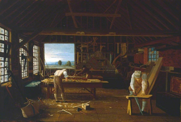 Gemälde mit dem Titel "Die Schreinerwerkstatt" von William Hogarth, das zwei Männer bei der Arbeit in einer Werkstatt mit einem Tisch voller Werkzeuge und anderer Gegenstände zeigt, Fenster an den Seiten und einen Hintergrund aus Bäumen, Bergen und Himmel.