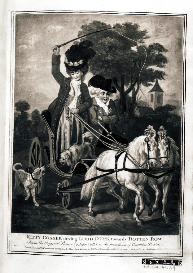 Kitty Coaxer fährt Lord Dupe in einer von zwei Pferden gezogenen Kutsche mit einem Hund, Bäumen und einem Gebäude im Hintergrund und Text am unteren Bildrand.