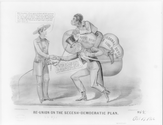 Ein Schwarz-Weiß-Cartoon auf einem Blatt Papier, das zwei Männer beim Handschlag zeigt, einer mit einem Rucksack auf dem Rücken, mit der Aufschrift "Wiedervereinigung nach dem secesh-demokratischen Plan".