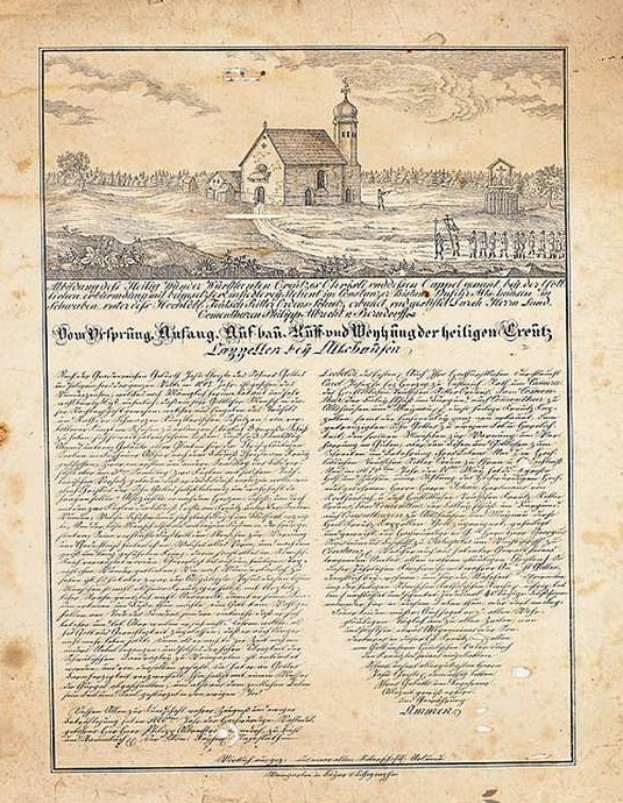 Ein historisches Dokument mit einer Zeichnung einer Kirche, die von Bäumen umgeben ist und unter einem klaren blauen Himmel steht, mit Text aus der ersten Fassung der deutschen Verfassung.